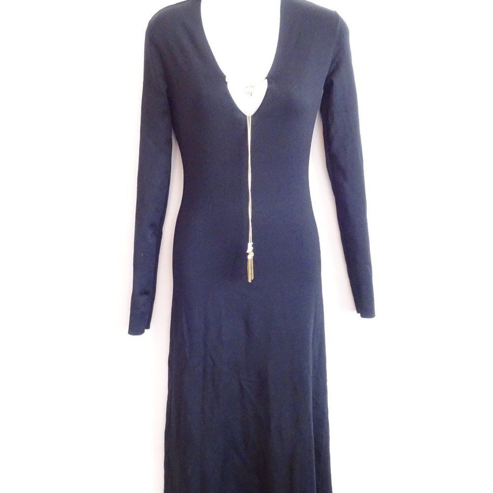 Rachel Zoe Black Gold Tassel long Sleeve Gown Maxi Dress Sz 0